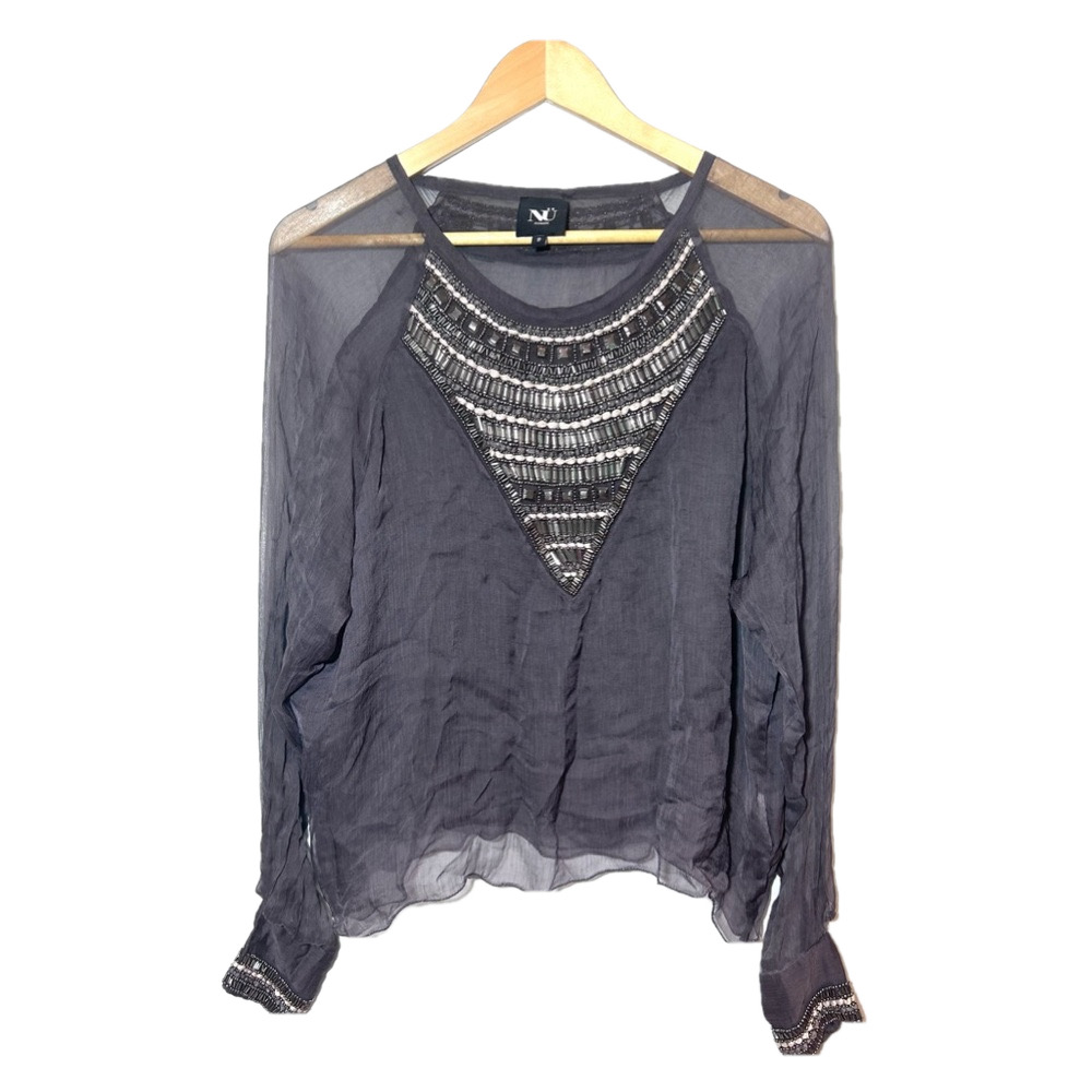 nu denmark silk beaded top long sleeve blouse small